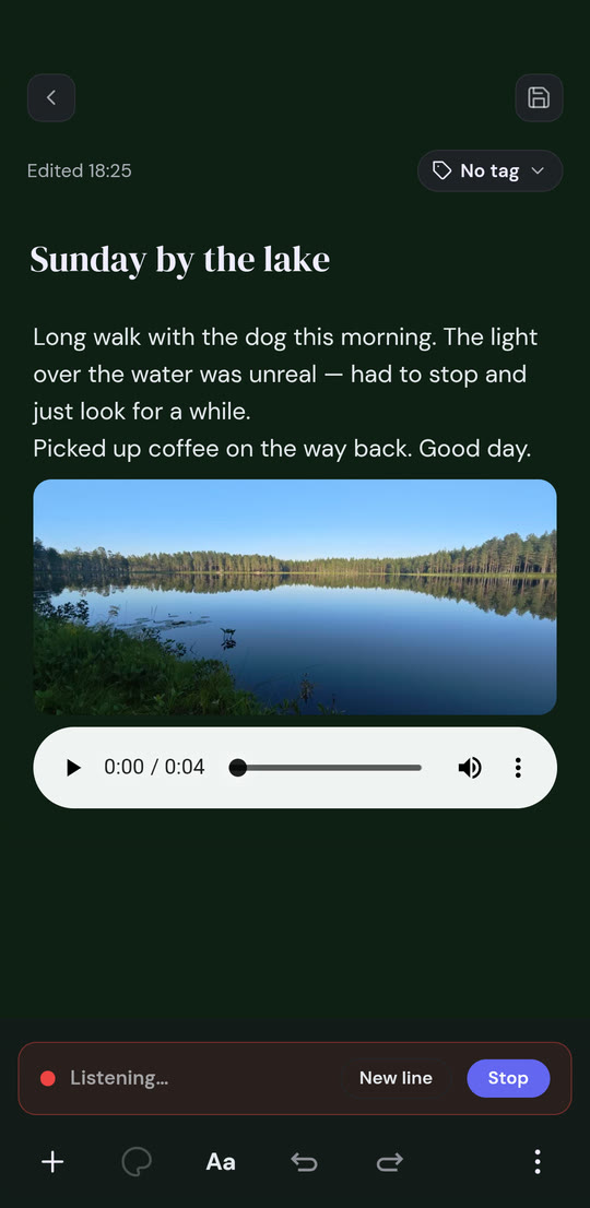 A note being dictated, in dark mode