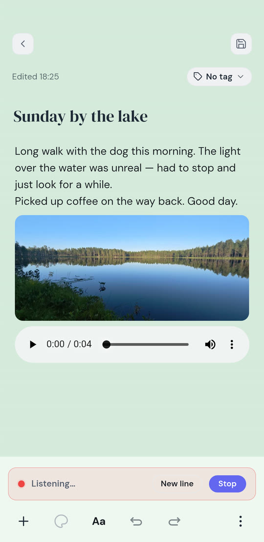 A note being dictated, with the Listening bar above the editor