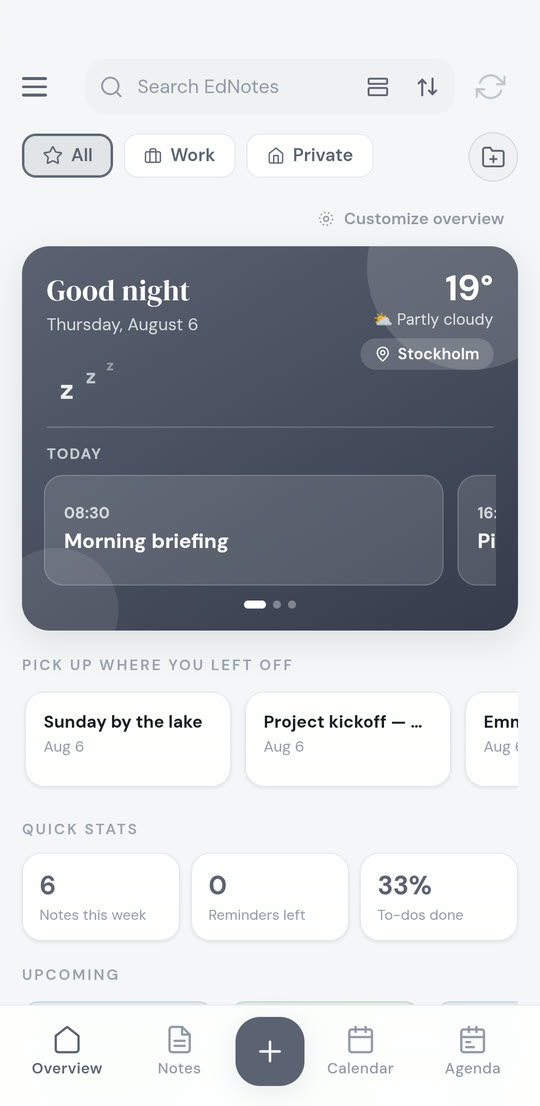 The Overview tab with a greeting, weather, today's schedule and quick stats