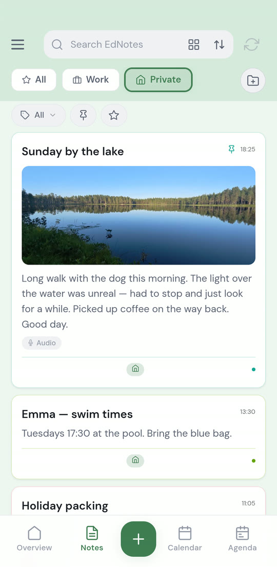The Private profile showing only private notes
