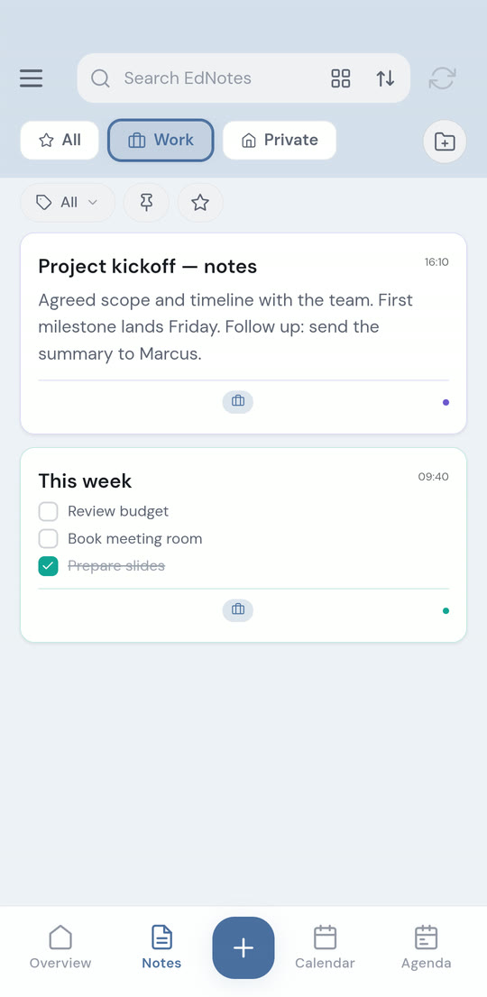 The Work profile showing only work notes