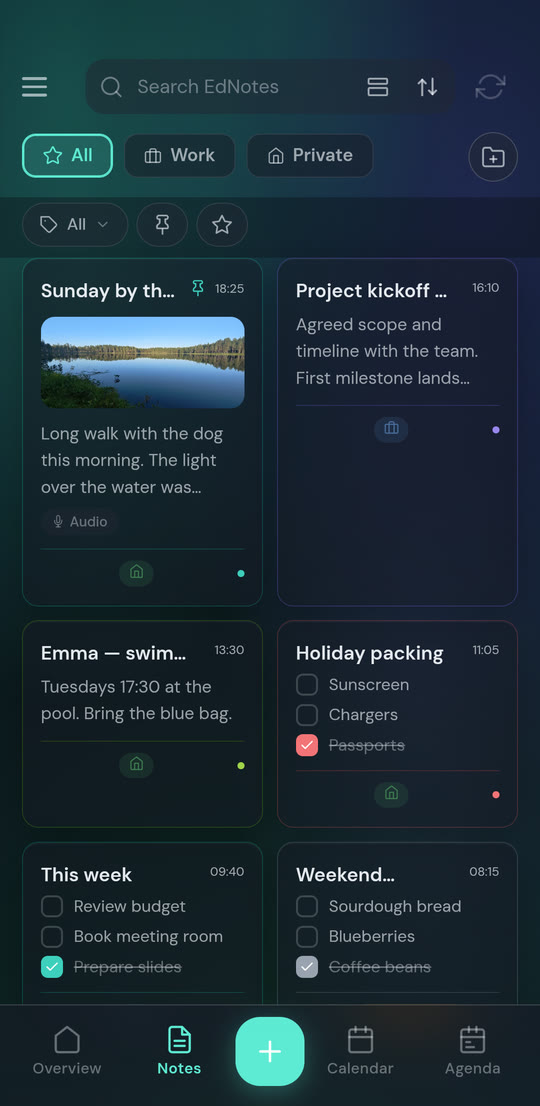 EdNotes in the Aurora theme, dark mode