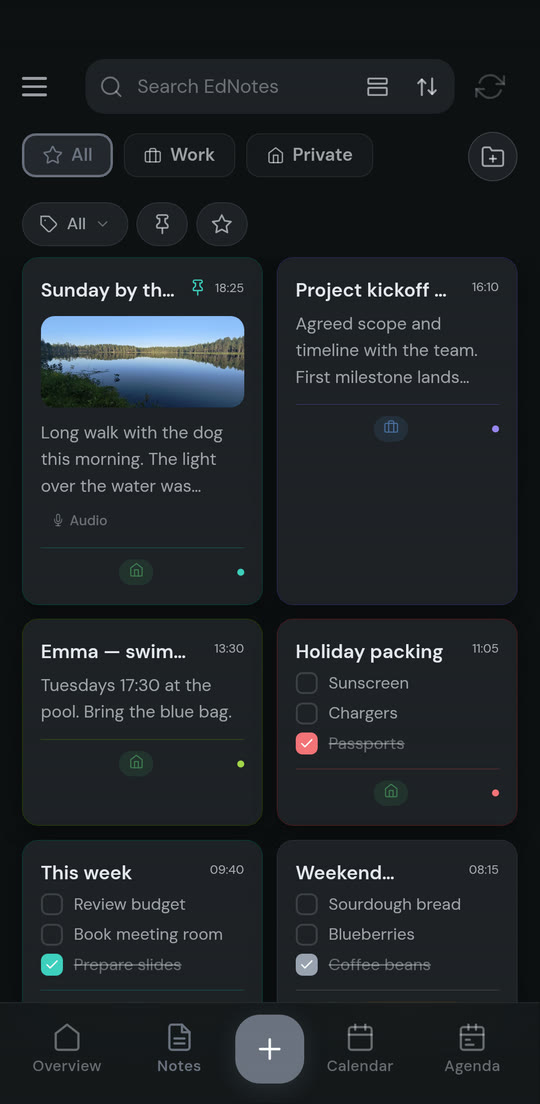 The same EdNotes notes screen in dark mode