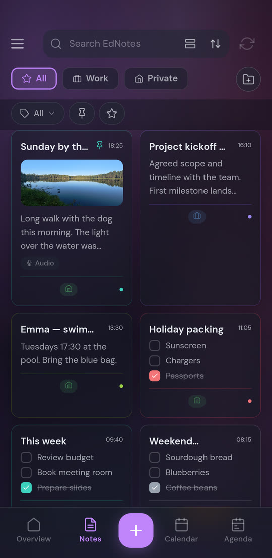 EdNotes in the Orchid theme, dark mode