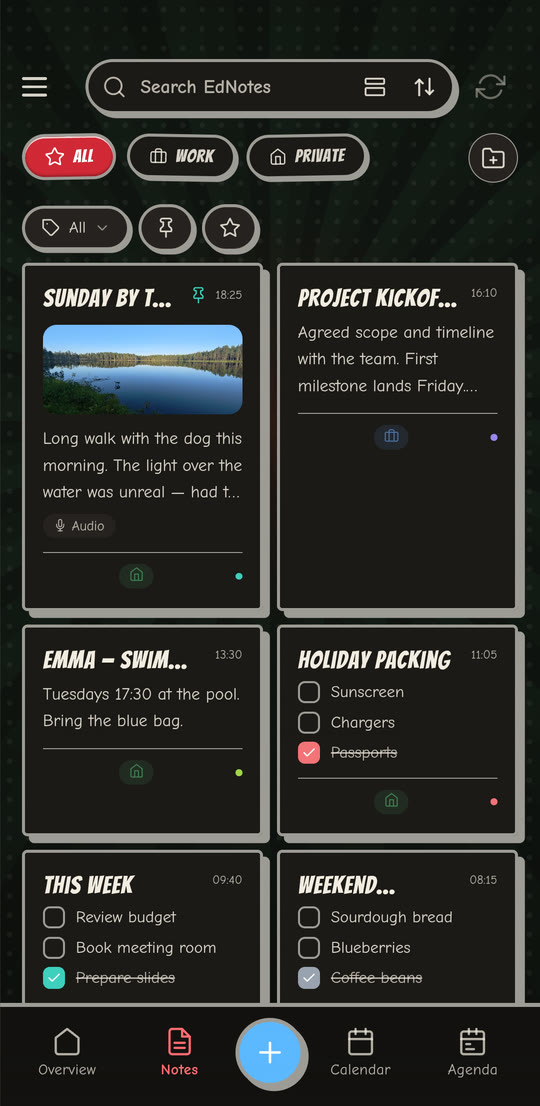 EdNotes in the Comic theme, dark mode