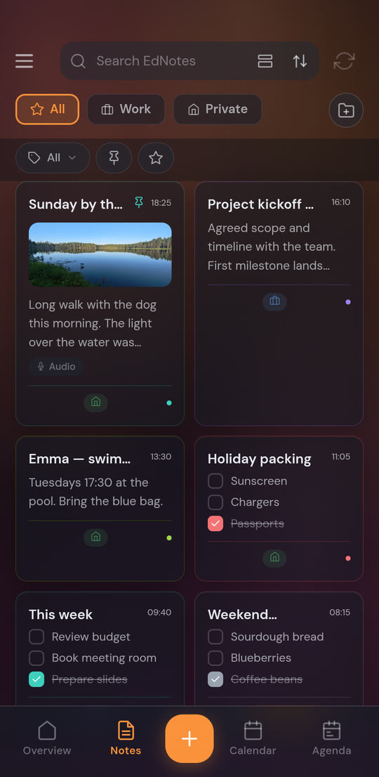 EdNotes in the Sunset theme, dark mode